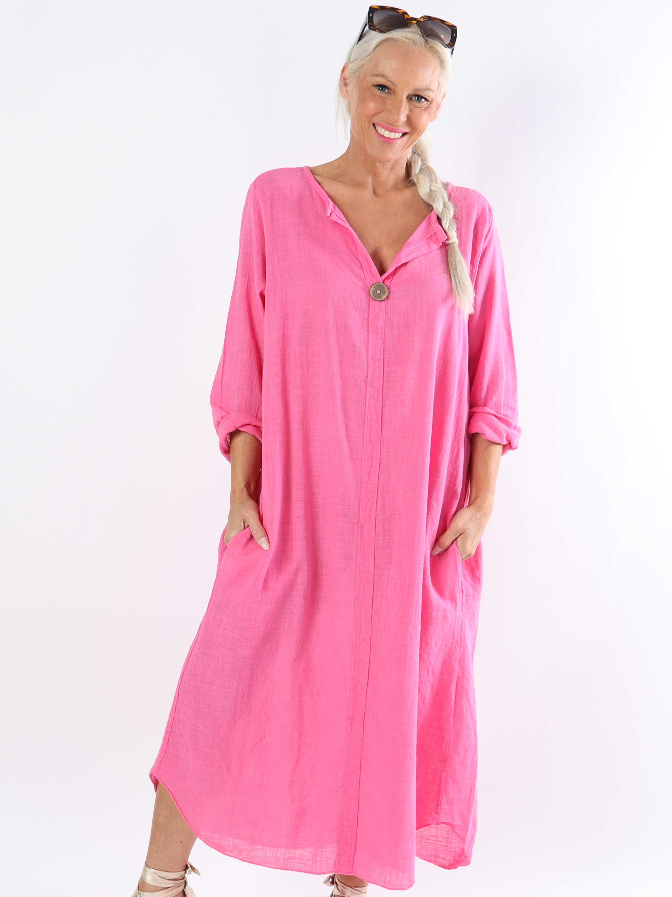 Arizona - Lang plus size bomuldskjole i hørlignende stof